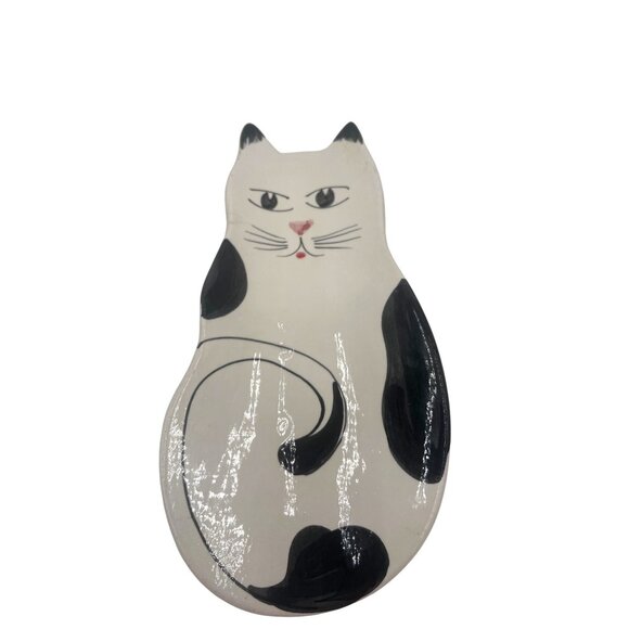 Handmade Mancera Cat-Shaped Ceramic Trivet 9” Black White Made in Italy - Picture 1 of 6